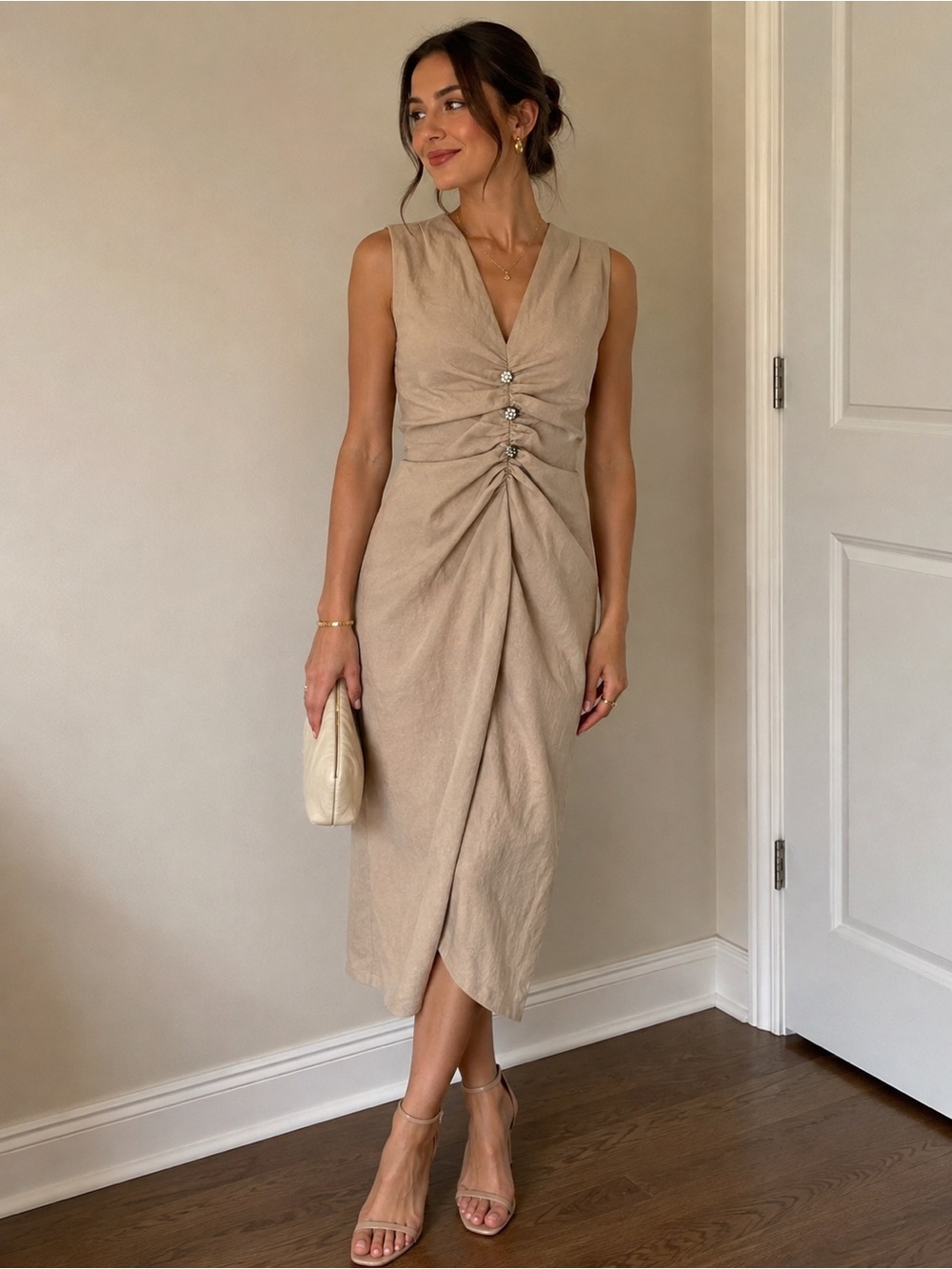 Zara Beige Ruched Midi Dress with Rhinestone Flower Buttons – XS – NWT